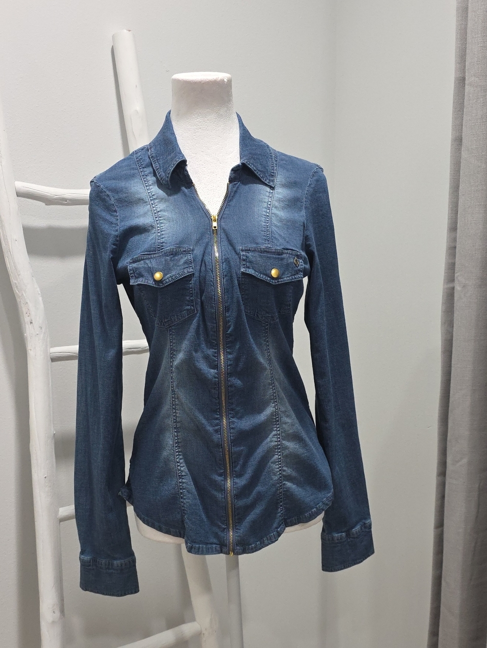 Denim Stretch Zip-Front Shirt Jacket - Blue